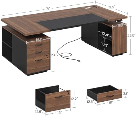 71" Electric Standing Desk with Drawers, Electric Height Adjustable Executive Desk with Lockable File Cabinet, Home Office Desk, Open Storage Compartments, Built-in Power Outlet, Black