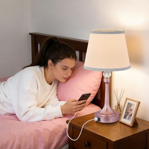 Touch Table Lamp Set of 2 with USB C+A Ports-19.7'' Rose Gold