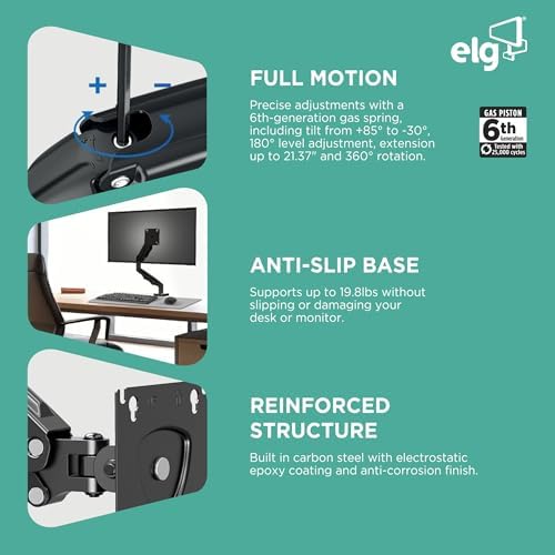 ELG Gas Spring Monitor Arm, Full Motion, 20.9" Reach, 17-35" Screens 19.8 lbs, +85°/-30° Tilt, 360° Rotation, C-Clamp & Grommet, VESA 75x75 to 100x100mm, Cable Organizer, Black