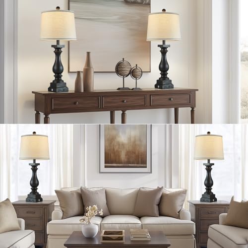 28" Tall Farmhouse Table Lamps with USB C+A Ports and AC Outlet, 3 Way Touch Control Rustic Bedside Lamps for Bedroom, Black Vintage Nightstand Lamps for Living Room Office