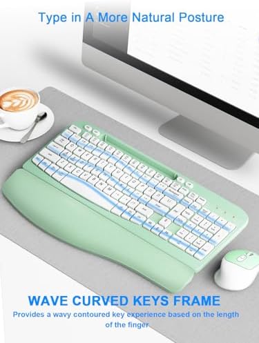 Hayyiesh Ergonomic Wave Keys Wireless Keyboard and Mouse Combo, Full Size with Memory Foam Wrist Rest & Phone Holder, 2.4G Cordless Set with USB-C Adapter for Windows Mac Desktop Laptop (Mint Green)