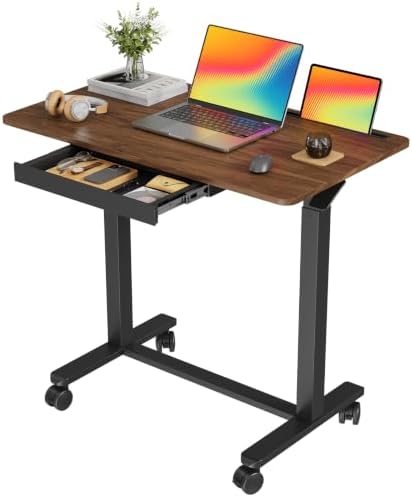 Mobile Standing Desk with Drawer, Height Adjustable, 35" Walnut