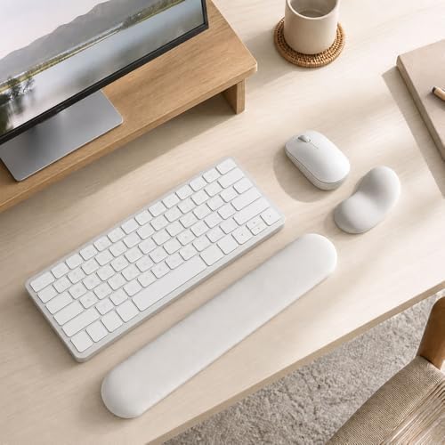 Ergonomic Wrist Rest Set for Keyboard and Mouse | Cooling Gel & Slow-Rebound Memory Foam Palm Support Pad | Luxe Leather, Minimalist, Non-Slip PU Base for Office, Laptop & Gaming (03White)