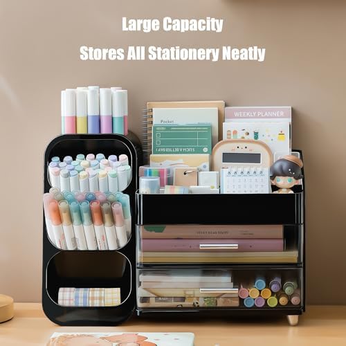 Desk Organizer with Pen Pencil Holder, Pen Organizer with 2 Drawers & 4 Compartments, Desktop Organizers and Storage for Office Home School Art Supplies (Black)
