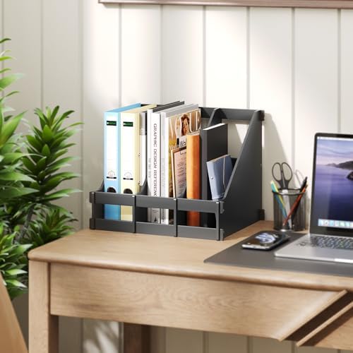 Bamboo Desk File Organizer, 3 Compartment Magazine Holder for Home Office(Black)