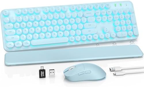 Wireless Keyboard and Mouse Combo, Backlit Round Keycaps, Glowing Blue