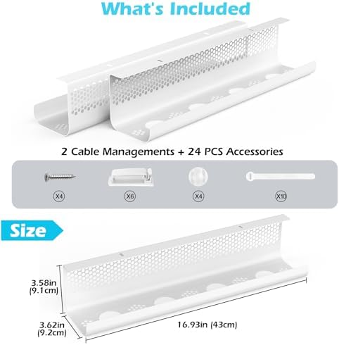KHAMAL Cable Management Under Desk 26PCS - Cable Management Tray Kit Ventilated Hexagonal Design with Cable Clips, Wire Ties, Cord Holder & Screws for Office, Home - 2 White Sets