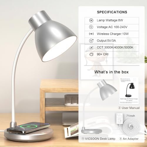 LED Desk Lamp for Home Office with Wireless Charger, Silver