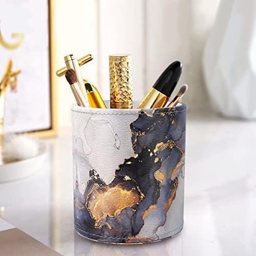 Round Leather Pen Holder for Desk, Gold Marble