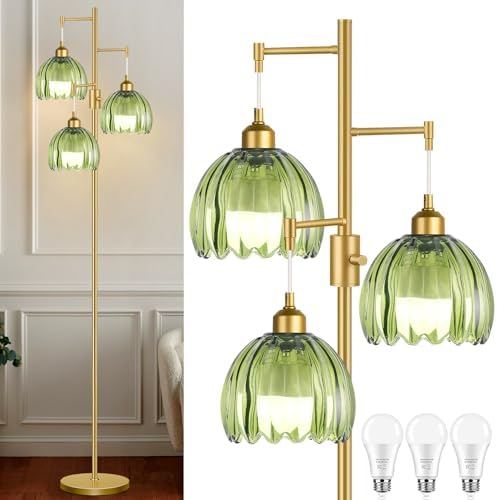 ZECOXOL Gold Floor Lamps for Living Room-3 Light Brass Floor Lamp with Three Bulbs & Glass Lampshape, Mid Century Modern Standing Lamp Tree Tall Flower Floor Lamp for Bedroom Living Room,Corner