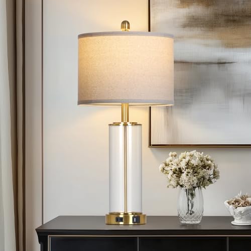 Ruzectt 26" Glass Table Lamp Single, 3-Way Dimmable Touch Control Living Room Lamp with USB C+A Ports & AC Outlet, Modern Bedside Lamps, Bedroom Lamps for Nightstand Side End Table Desk, Gold-1PK