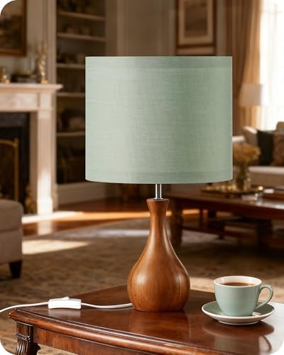 Green Table Lamp, 14.2" Small Bedside Lamp, Wood Table Lamp with Green Linen Lampshade & Dark Wood Base, Modern Nightstand Lamp for Bedroom, E26 Base, Bulb Not Included, LJ09TL05