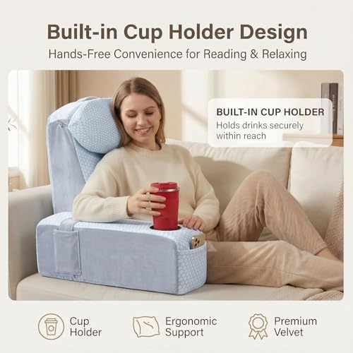 Reading Pillow for Adults, Back Pillow for Bed Sitting Up, Backrest Pillow for Sitting in Bed, Detachable Arms with Built-in Cup & Phone Caddy (White Cooling - Polka, 19 INCH)