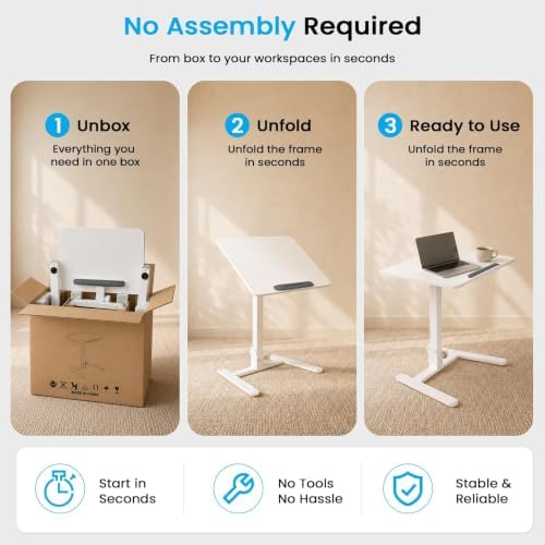 25" Mobile Folding Desk, Pneumatic No-Assembly Standing Desk, White