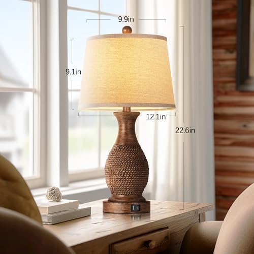 PARTPHONER Table Lamps Set of 2, Bedside Touch Lamp with USB C+A Charging Ports, Side Table Lamp with Linen Fabric Shade (LED Bulbs Included), Wood