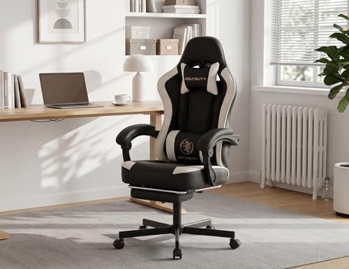 Office Desk Computer Gaming Chair for Adults, Ergonomic High Back Gamer Chair with Massage and Pocket Spring Cushion, Swivel Comfy Video Game Chairs with Footrest and Lumbar Support (Black White)