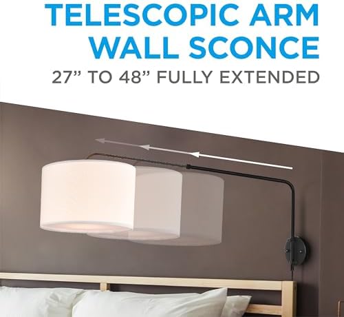Coby Adjustable Sconce, Wall Mount Light with Telescopic Swing Arm, Matte Black Finish with 2 Linen Shades Included