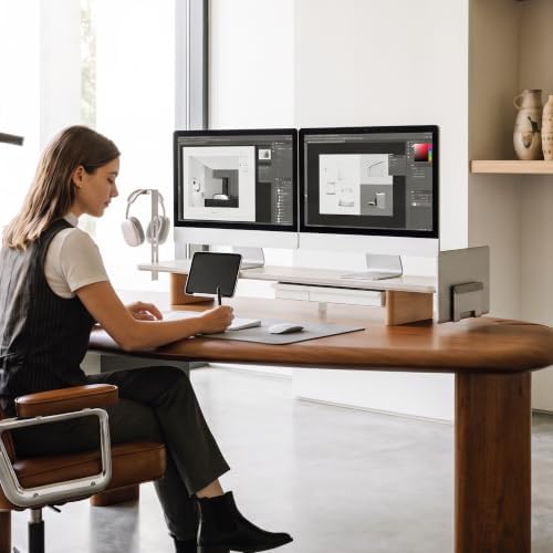 Fenge Modular Dual Monitor Stand Riser with Solid Ash Wood Leg, 42.5" White