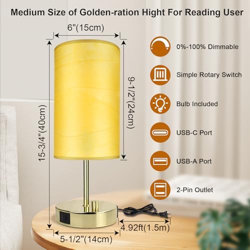LTBLIGHT 15.75'' Dimmable Bedside Lamp with USB+Outlet Retro Shade