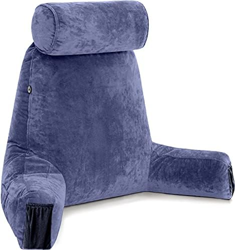 Husband Pillow Medium Reading Pillow with Arms - 23" Backrest for Sitting Up in Bed - Firm Support Bed Rest Pillow for Adults, Neck Roll, Removable Cover - TV, Reading, Lounging - Dark Blue