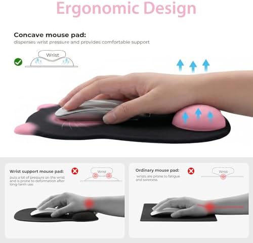 Gel Mouse Pad with Wrist Rest for Mouse Ergonomic Cat Mouse Wrist Rest Non-Slip Silicone Cute Mousepad with Wrist Support for Computer Desk Gaming Laptop Home Office Desk Accessories Black Pink