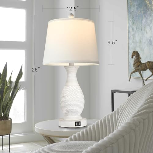 PARTPHONER Set of 2 Table Lamps with USB C+A Fast Charging Ports, 26" Tall Farmhouse Living Room Lamp with 3-Way Dimmable Nightstand Lamp White Fabric Shade for Living Room Bedroom Home Office