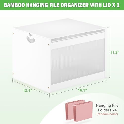Bamboo Hanging File Box Organizer with Lids, File Folder, White, 2 Pack