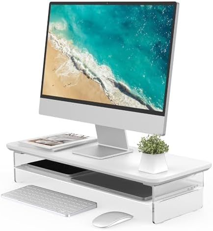 Fenge 23.6" Monitor Stand with Clear Acrylic Legs, White