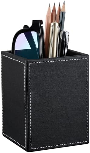 KINGFOM PU Leather Square Pens Pencils Holder Cup Desktop Stationery Organizer Case Office Accessories Container Box (black)