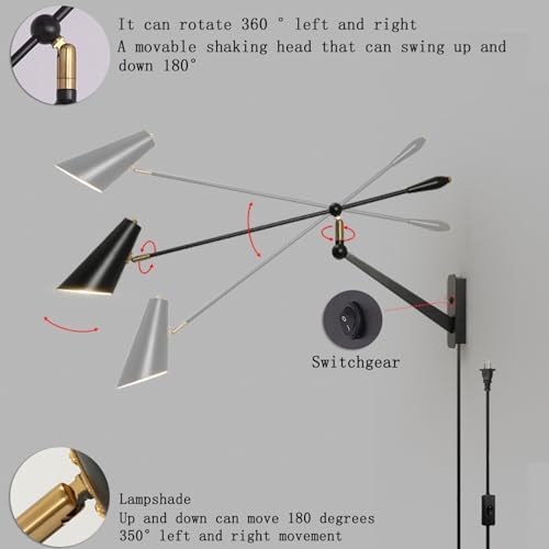 Adjustable Directional Plug in wall Light Swing arm, Unique Long Pole wall Lamps for Living Room Sofa Background Wall, Movable Retro Style Dining Table Large wall Mount lamp, E26 Base