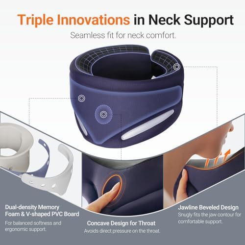Ergonomic Neck Brace for Neck Pain and Support, Throat-friendly V-shape Cervical Collar with Dual Memory Foam for Comfort and Cervical Spine Pressure Relief, Vertebrae Stability (14.0" - 16.1")