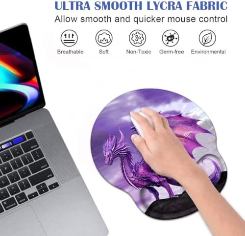 Ergonomic Mouse Pad Wrist Support and Cute Coffee Coaster, Non Slip PU Base Mouse Pad Wrist Rest for Computer, Office Gaming, Working, Easy Typing & Pain Relief, Purple Dragon