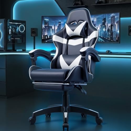 J.M.-Deco Gaming Chair Office Chair-Big and Tall Office Ergonomic Chair with Foot Rest - Comfy Desk Chair with Lumbar Support,Black and White