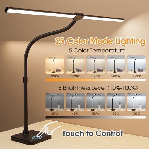ShineTech LED Desk Lamp, 24W Double Head Desk Light with Wireless Charging