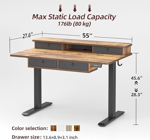 TIQLAB 55 * 28 Inch Standing Desk with Four Drawers, Electric Sit Stand Table, Stand Up Desk Adjustable Height with Storage Shelf, Splice Board, Rustic Brown