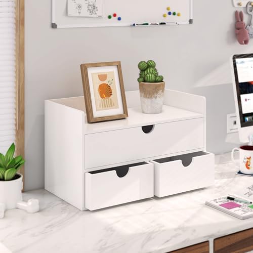 Bamboo Desk Organizer with Drawers Desktop Storage Drawers for Bills Office Supplies Kitchen Utensils Organizing Tool for Home Classroom Organization No Assembly (White with Shelf)