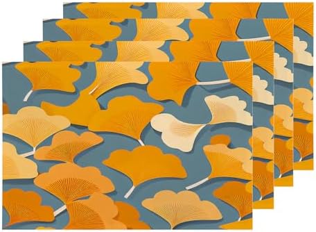 Shrahala Autumn Ginkgo Leaves Set Of 4 12 X 18 Inch Linen Placemats , Yellow Leaves Blue Background Burlap Table Mat Washable Double Layered Heat Insulation For Indoor/Outdoor