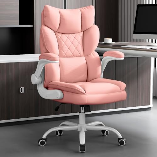 Vonesse Office Chair, Desk Chair with Flip-up Armrests, Gaming Chair with Double-Layered Soft Backrest,PU Leather Computer Executive Chair with Breathable Seat Cushion (Pink)