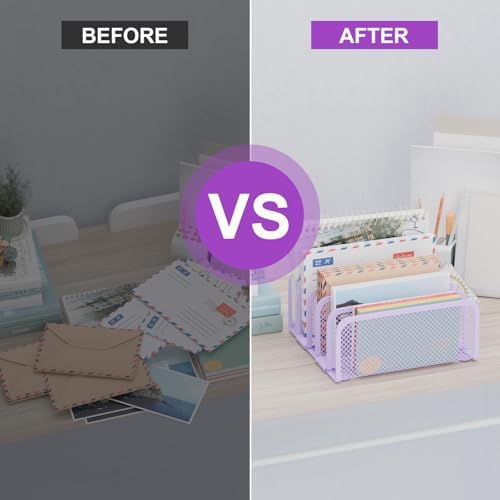 Mail Organizer Countertop 2 Pack, Metal File Holder with 5-Slot, Small Desk File Organizer for Letter, Bill, Mail Sorter, Desktop Letter Folder Holders for Office, Home, School (Purple)