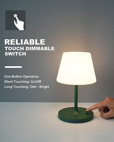 WEILAILUX Outdoor Battery Operated Table Lamp Waterproof, 4000mAh Cordless Table Lamp Rechargeable, Touch Dimmable Desk Lamp, LED Night Light for Patio Camping Restaurant Home, H9.6in, Green