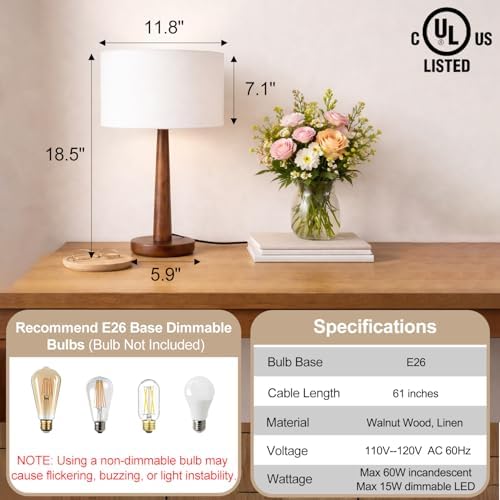 18.5" Modern Dimmable Walnut Wood Table Lamp with Linen Shade, White