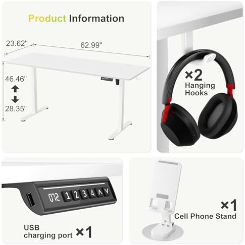Furmax 63 Inches Electric Standing Desk, Home Office Desk with Phone Holder