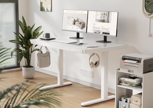 Claiks Glass Standing Desk with Drawers & USB Ports 48x24 Inch, White