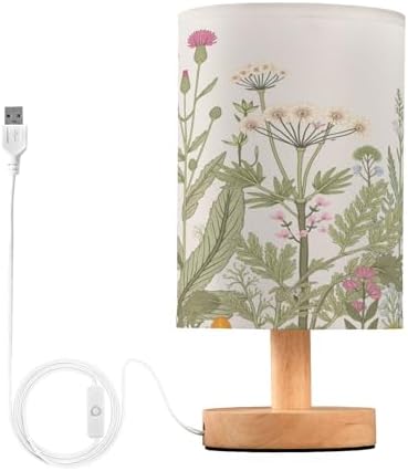 Bedside Lamp Flowers Herbs Wildflowers Botanical Table Lamp for Bedroom LED Nightstand Lamp Shade USB Ports Wood Base for Living Room Dorm Office