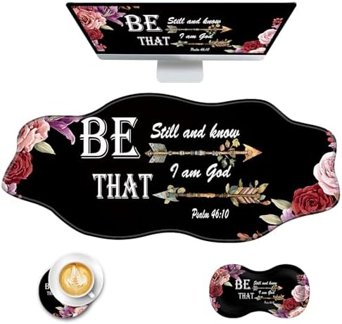 Mouse Pad with Wrist Support + Desk Mat + Coaster 3 in 1 Set, XXL Large Gaming Mousepad Ergonomic Mouse Pads for Desk Computer Laptop Office,Bible Verse Psalm 46-10 Adorable Peony Flower