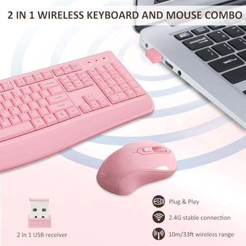 QUASIO Wireless Keyboard Mouse Combo, Windows & Mac Compatible (Pink)