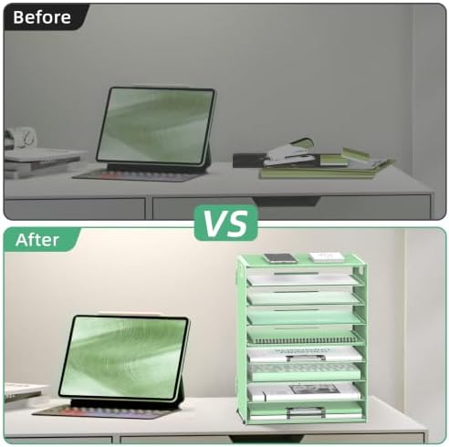 9-Tier Paper Organizer for Desk, Metal Letter Tray with Handles, Mint Green