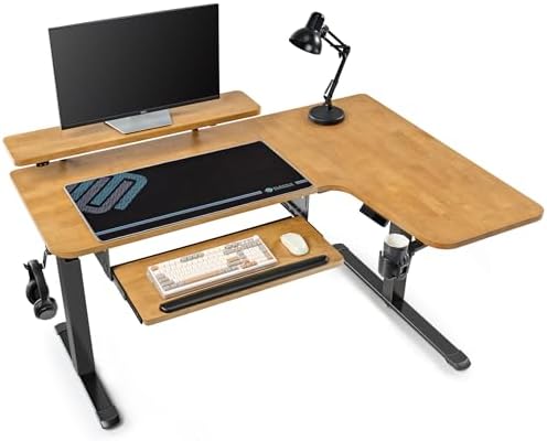 EUREKA ERGONOMIC L Shaped Standing Desk w Solid Wood Tabletop,61" Electric Corner Computer Desk, Adjustable Height Desk w Keyboard Tray,Dual Motor,LED Monitor Stand,Right/Oak
