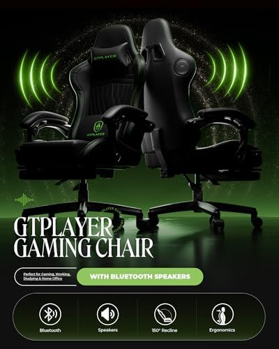 GTPLAYER ACE-PRO Music Gaming Chairs – Built-in Speakers, App Support & Bluetooth Control, Computer Game Chairs with Footrest for Adults, Ergonomic, Reclining, Linkage Armrest, Black