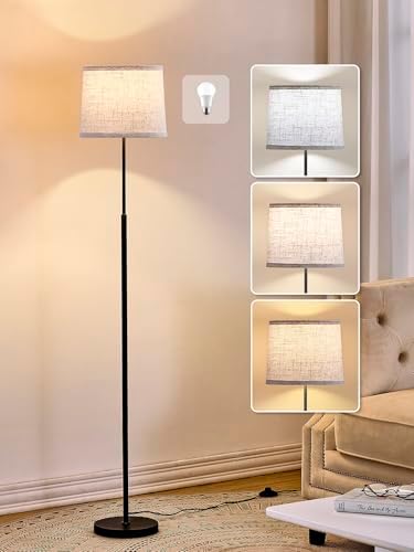 60" Modern Floor Lamp with Linen Shade, 3 Color LED Bulb & Foot Switch